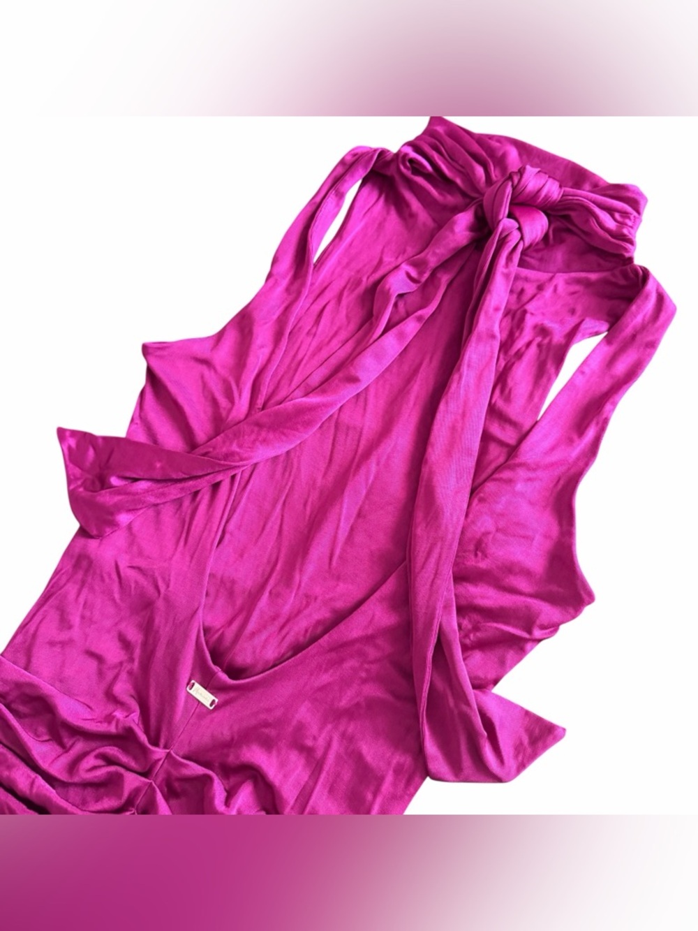 Y2K Vintage Marciano Open Tie Back Ruched Pleated Bodycon Fuchsia Mini Dress - Picture 7 of 9